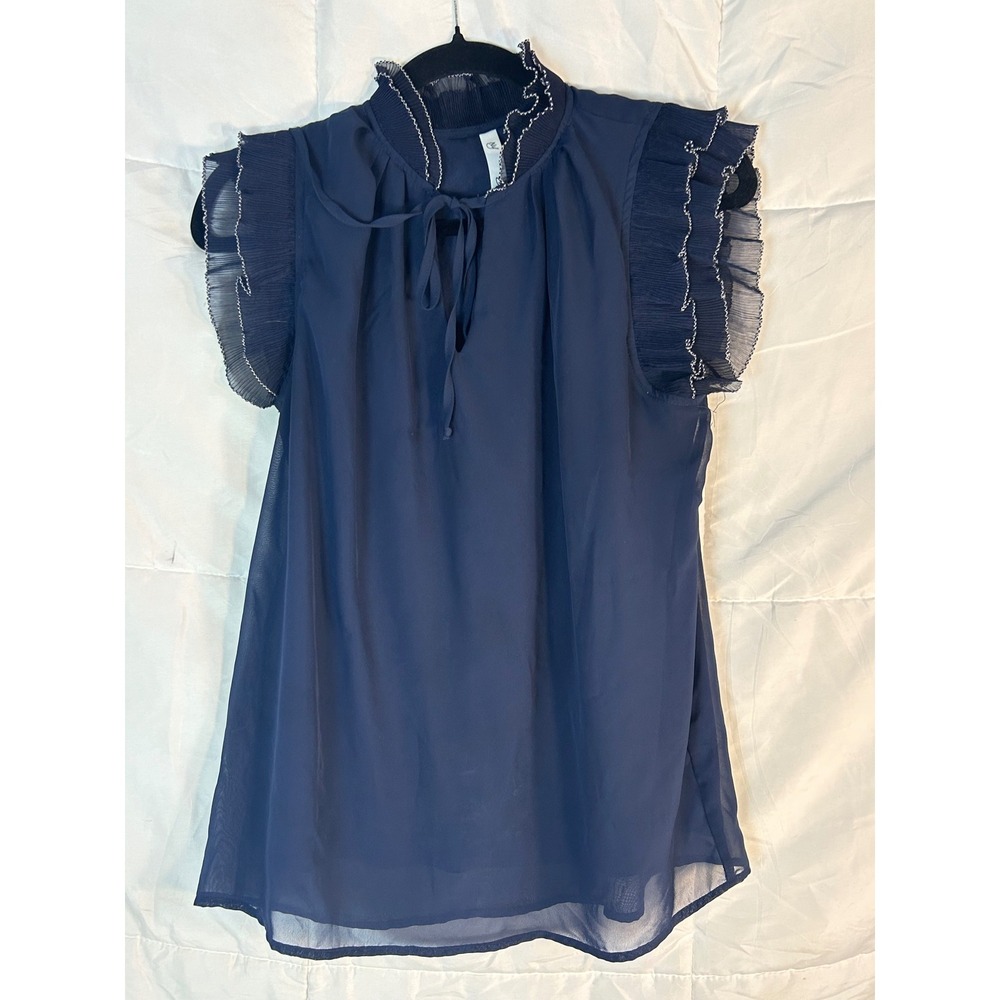 NY Collection Navy Blue Ruffled Sleeve Tie-Neck Blouse